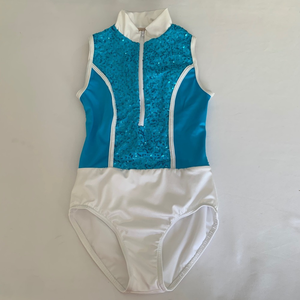Weissman Dance Leotard‎ Kids Large LC Turquoise White Sequin Mock Neck Zip Front